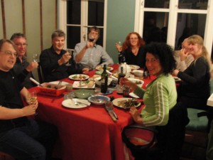 Above: At dinner, Jim Byrt, Paul Moss, Keith Woodley, Annie Wilson, Sean Wilson, Ruth Irwin, Maria Heidemann, Trudy Lane. (By disciplinary descriptors: Animator, Lepidopterist, Amateur Astronomer, Shorebird Centre Manager, Orchardist, Engineer, Philosopher, Stiltwalker, Artist/Curator)