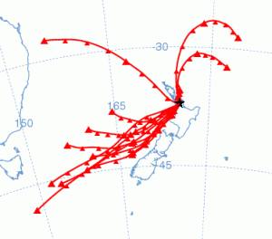 A meteorological rendering of the paths taken by the air breathed the night of the event, in the six hours prior.